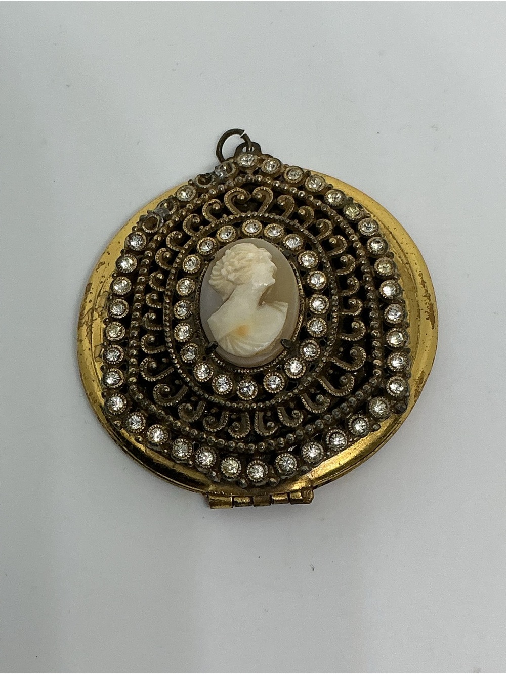 Vintage Rhinestone Cameo Locket Pendant Gold Filigree Compact Style